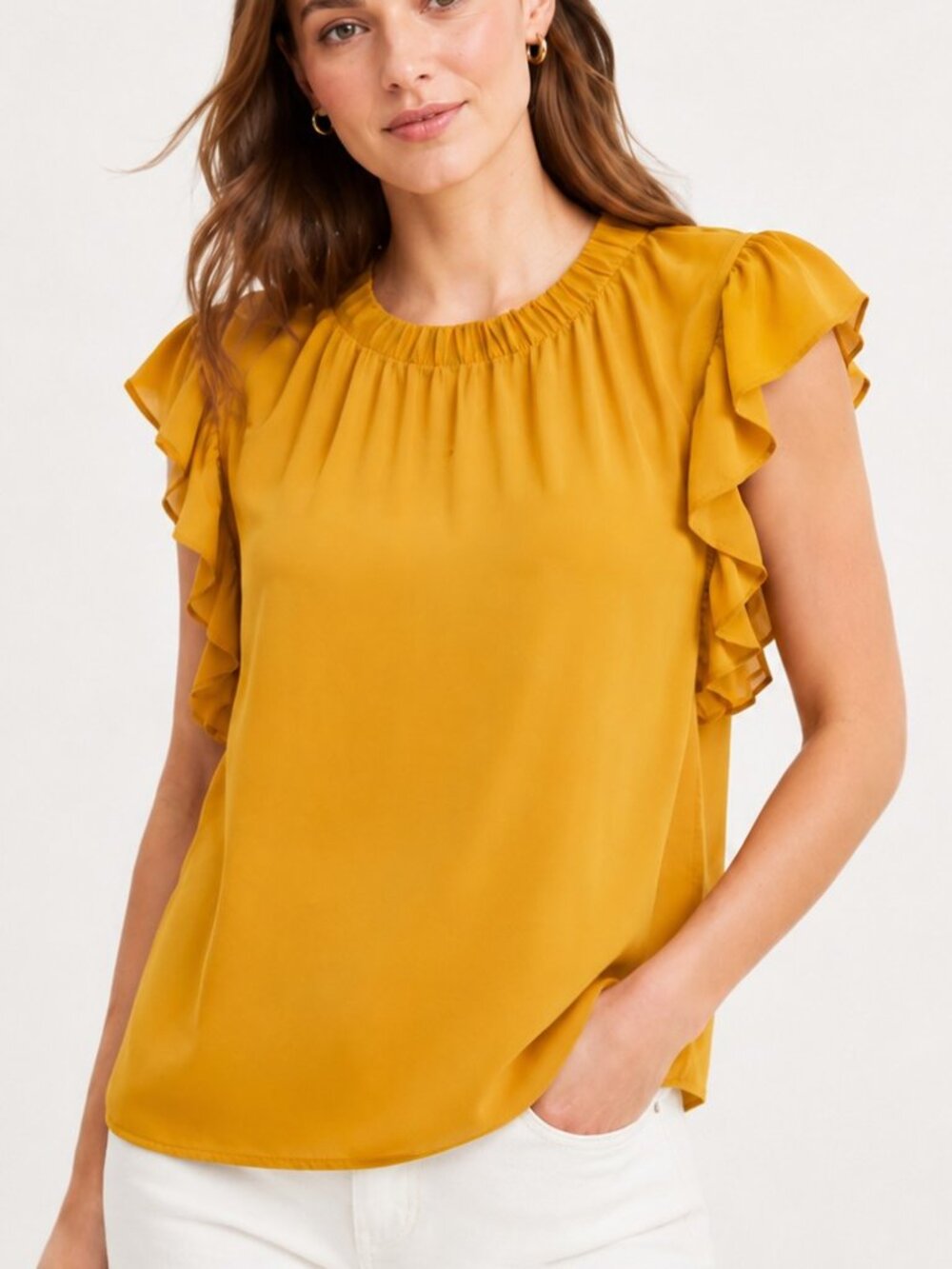 LOFT Mustard/Marigold Flutter Sleeve Blouse | Size Large **NWT
